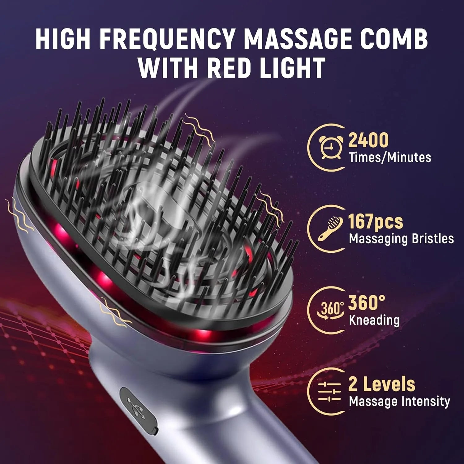 Massage Comb Red Light 360° Kneading 2 Level 167*Massage Bristles Vibration 3*Essential Oil Cartridges Atomization Head Massager