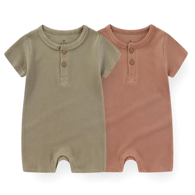 Cotton New Born Baby Boy Clothes 2 Pieces Short Sleeves Baby Girl Clothes 0-24M Waffle Print Infant Rompers Cartoon Bebes