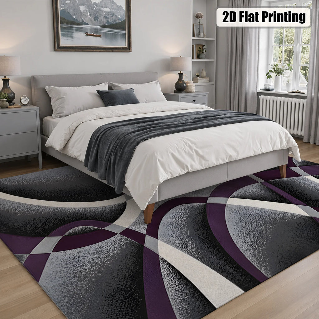 Large Indoor Area Rug, Soft Velvet Low Pile Non-Slip Dotted Backing Machine Washable, Modern Abstract Purple Gray White Swirl Design for Living Room Bedroom