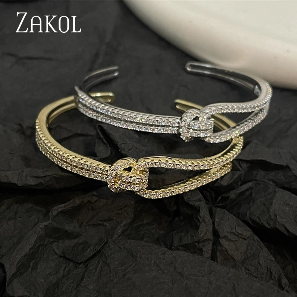 ZAKOL Exquisite AAA Full Zircon Knot Bracelet Bangles for Women Fashion Adjustable Open Bracelet Gift