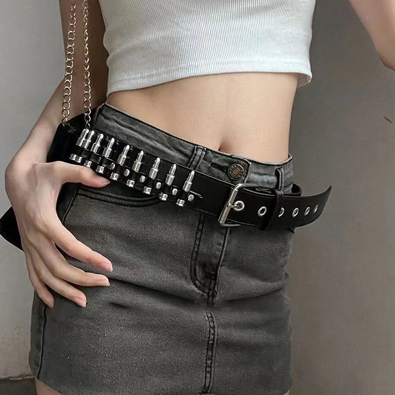 Z. Rivet Hollow Bullet Decoration Belt Fashion Leather Studded Goth Rock Wild Adjustable Women Punk Black Belt