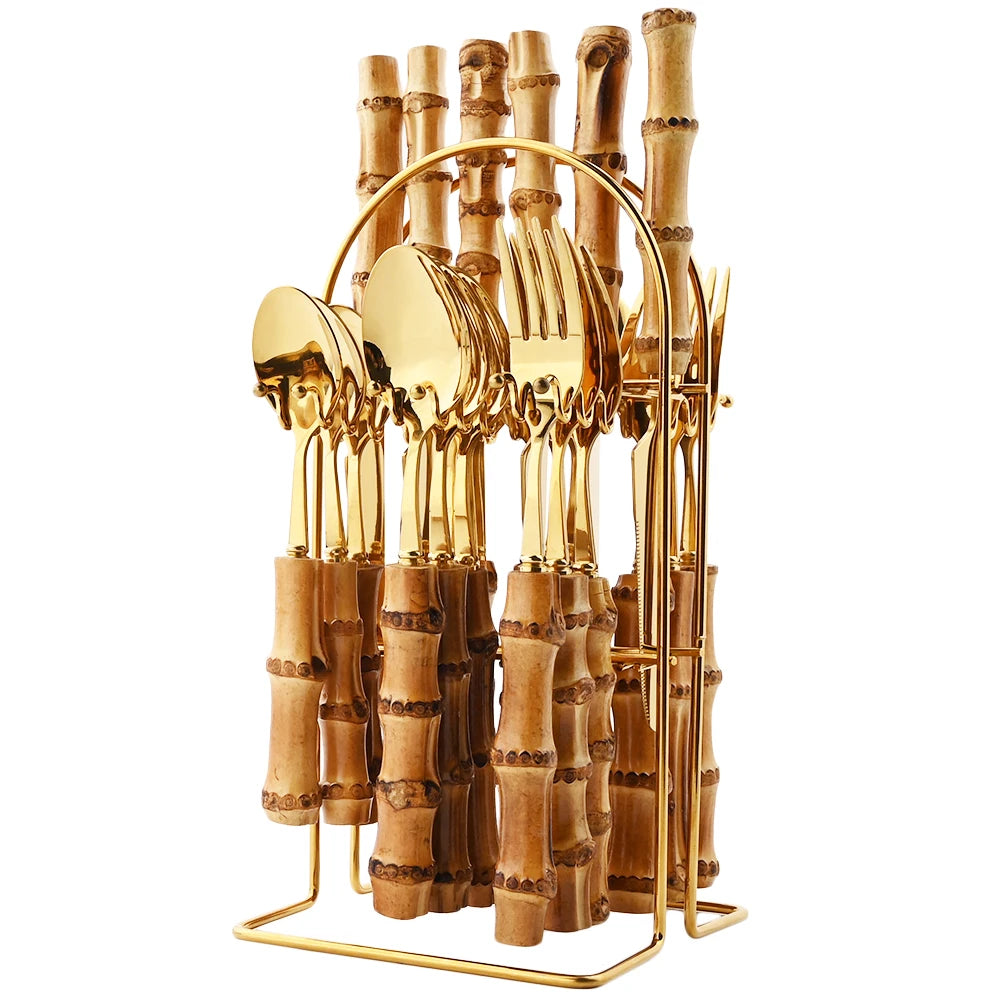 24Pcs Tableware Sets Stainless Steel Bamboo Cutlery SetPurely Natural Bamboo Handle Flatware Set Dinnerware Steak Knife Cutlery