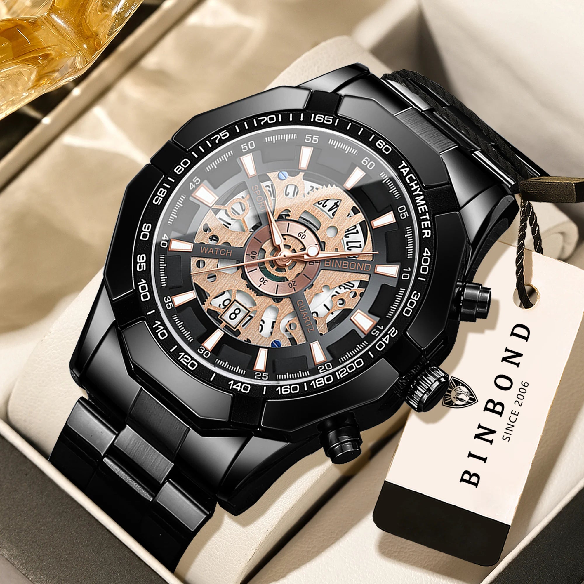 BINBOND Luxury hollow-out quartz wristwatch for men luminous waterproof chronograph men's watch business sport fashion reloj