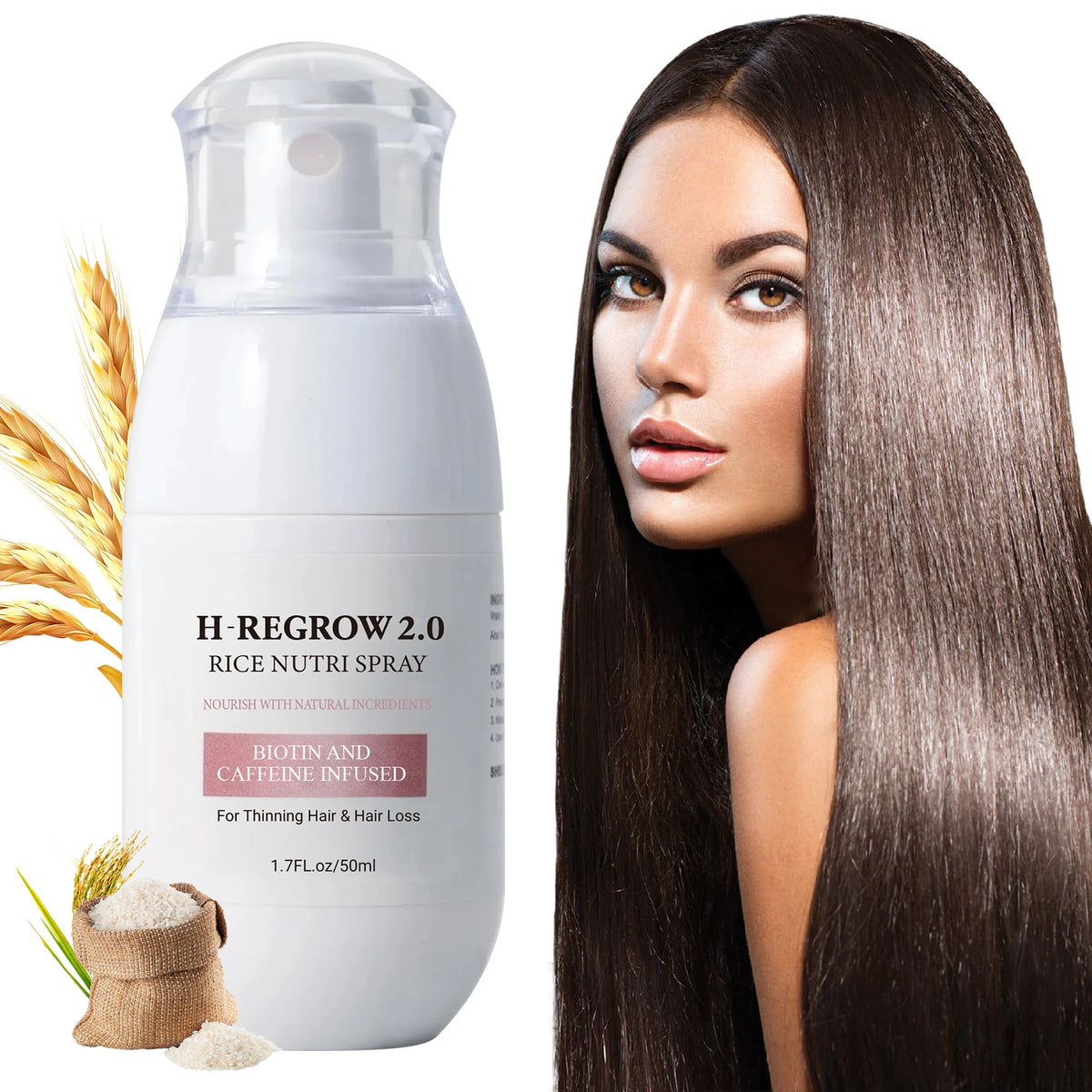 H-REGROW 2.0 Rice Nutri Hair Spray 50ml, Biotin Caffeine Ginger Rice Protein Infused, Nourishing Scalp Care Spray for Thin & Fragile Hair Daily Use