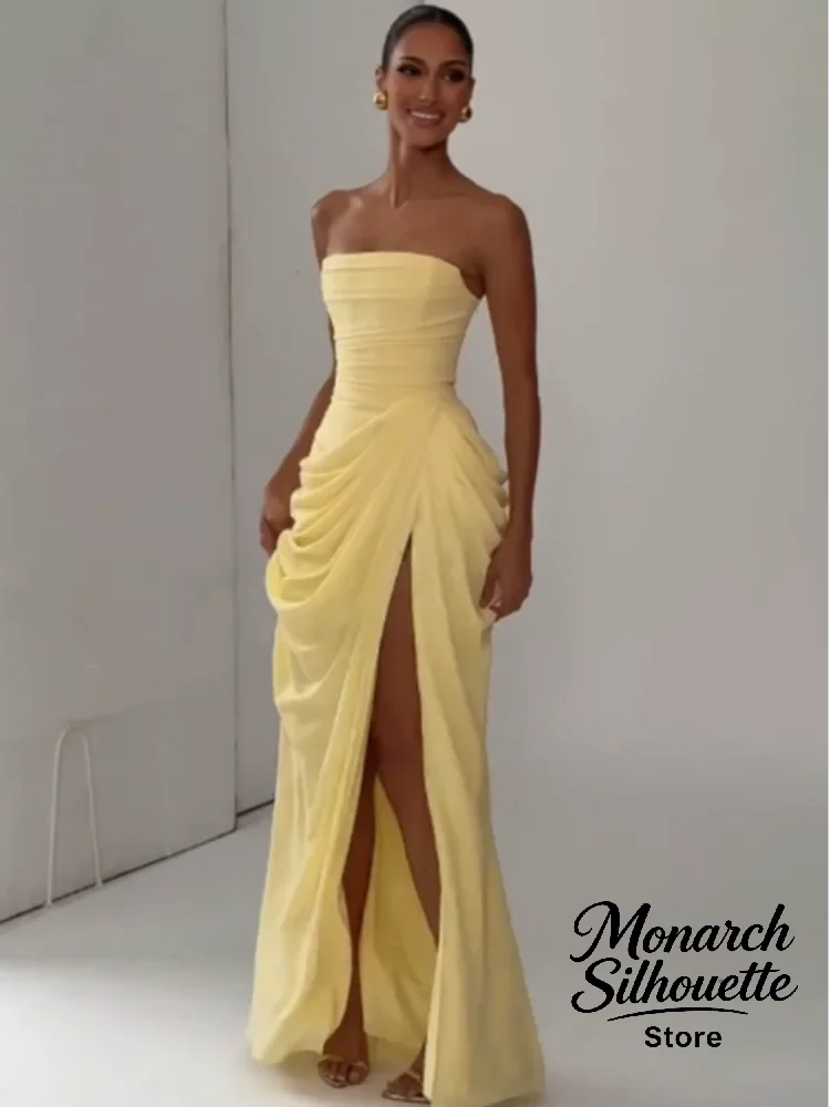 Elegant Yellow Strapless Pleated Long Dress Women Chic Solid Sleeveless Waist Cinching Split Gown 2026 Lady Evening Party Robes