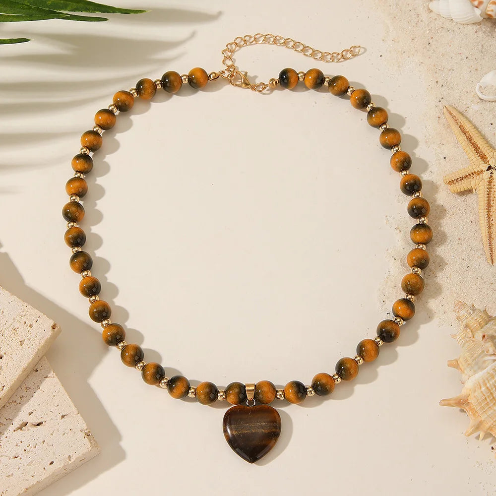 Fashion Ins Heart Stone Pendant Necklace for Women Bohemian CCB Beaded Necklace Jewelry Party Girlfriend Gifts