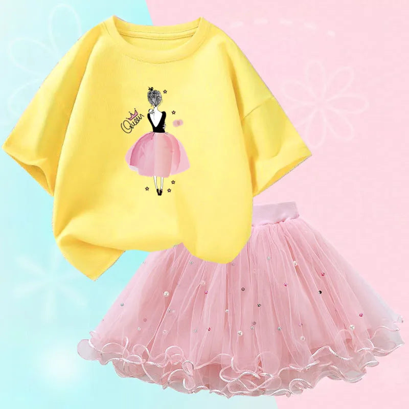 Fashion Summer Girls Outfits Pretty Ballet Dance Girl T-shirt and Tutu Skirt Set for Princess Clothes Suit Children Clothing