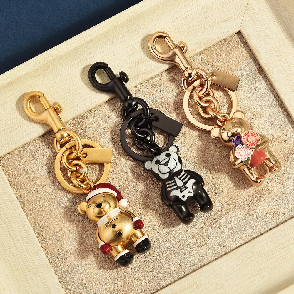 3D Metal Teddy Bear Keychain Heavy Duty Rose Gold Purse Charm Secure Trigger Clasp Accessory for Women Handbag Holiday Presents