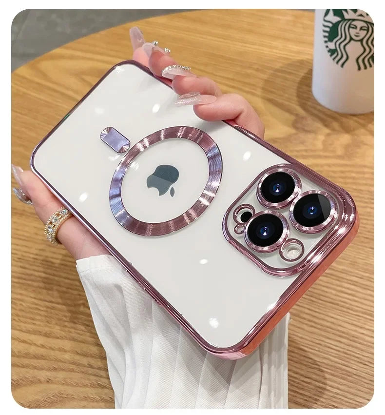 Luxury Transparent Magnetic For Phone Case For iPhone 14 Plus 13 12 11 15 16 17 18 Pro Max AIr Clear Plating Silicone Cover
