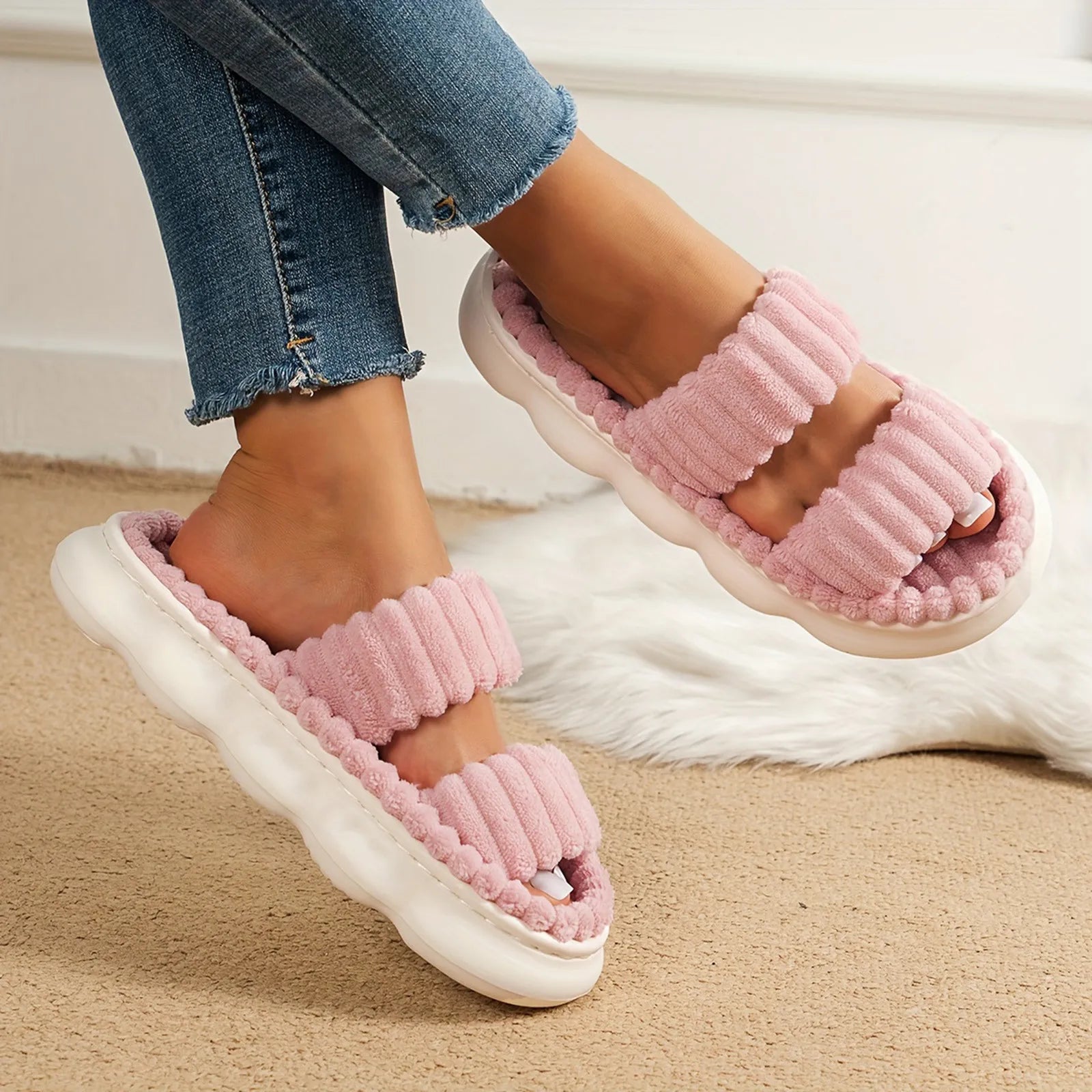 Women's Corduroy Slippers Living Room Shoes Cute Memory Foam Bedroom Slippers Home Female Slippers 2024 New Anti Slip Slippers