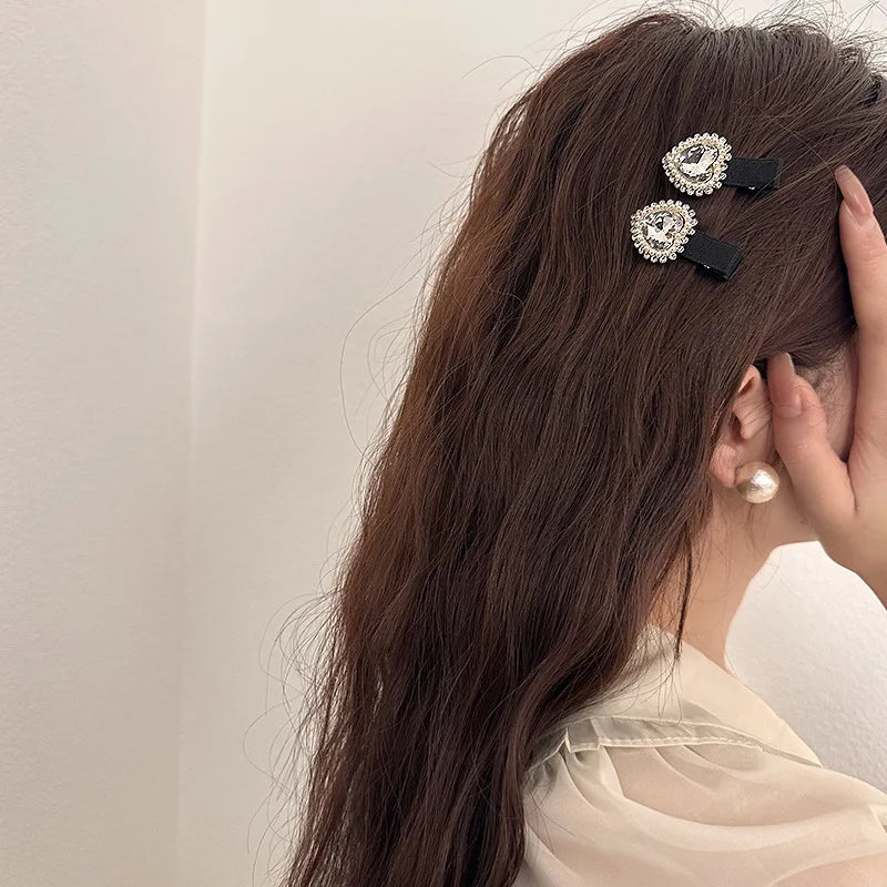 Korean Love Rhinestone Fabric Art Duck Mouth Clip Sweet and Versatile Side bangs Clip Hair Accessories Women's Pink Hair Clip