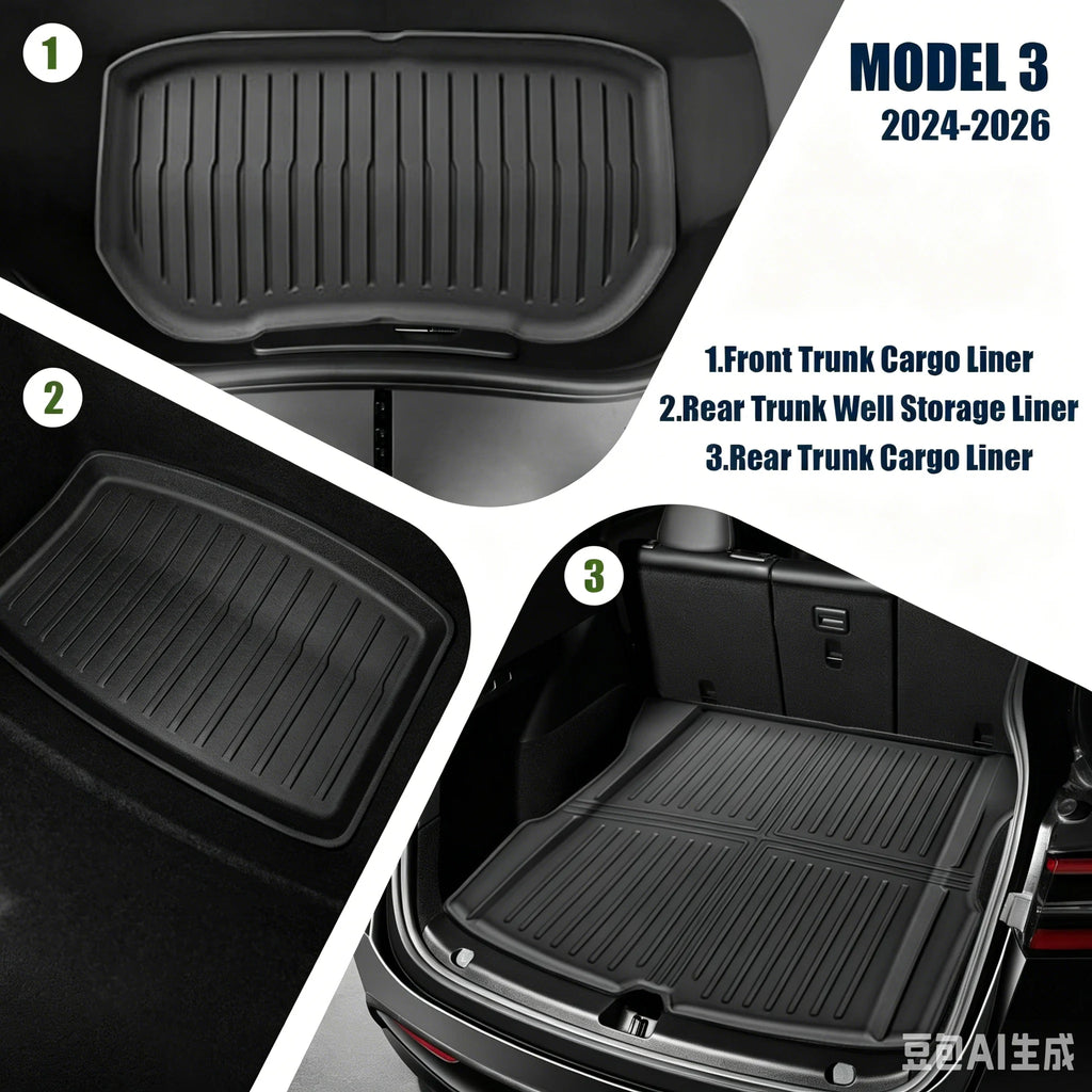 Custom Fit TPE All-Weather Car Floor Mats for Tesla Model 3 2024-2026 Waterproof Anti-Slip Full Set 7PCS Interior Accessories