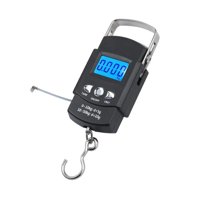 50kg/10g Portable LCD Electronic Hand Scale Travel Hanging Scale with100cm Long Retractable Measuring Tape Weigh Fish Vegetables
