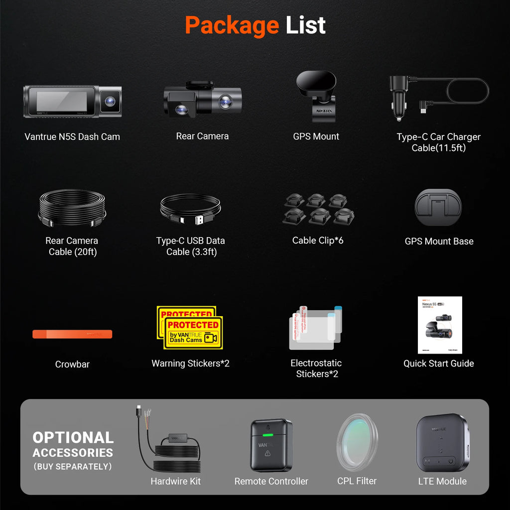 Vantrue N5S DashCam 4 Channel WiFi 360 Degree STARVIS 2 IR Night Vision LTE Support Voice Control 24 Hours Parking Mode