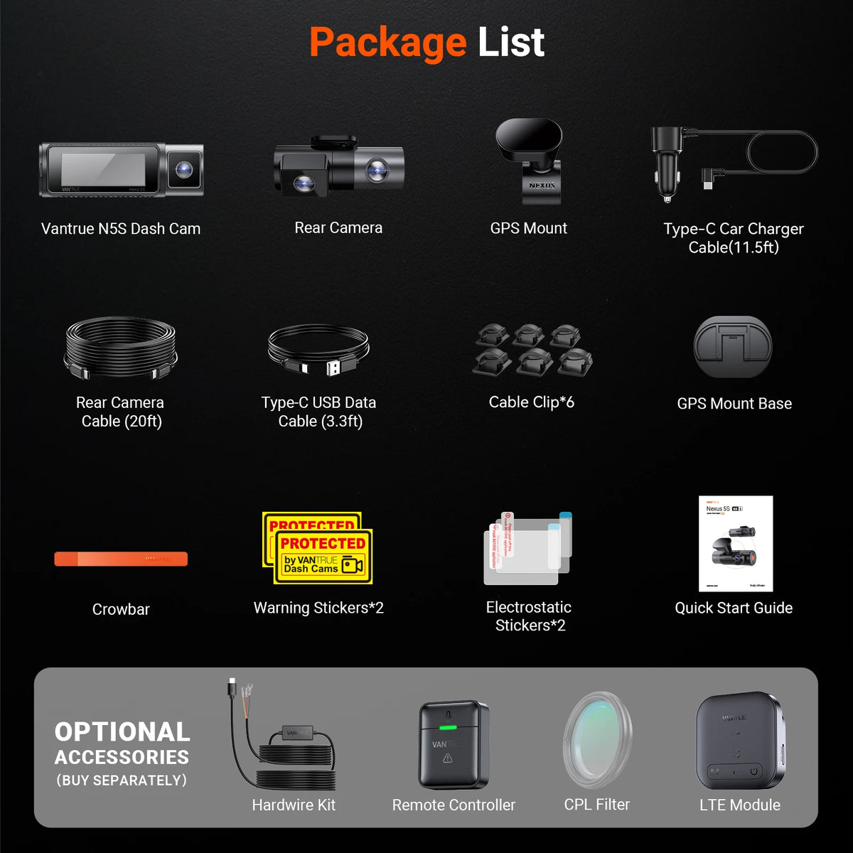 Vantrue N5S DashCam 4 Channel WiFi 360 Degree STARVIS 2 IR Night Vision LTE Support Voice Control 24 Hours Parking Mode