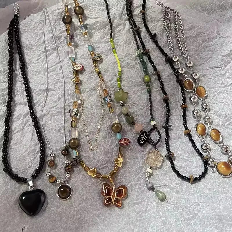 Boho Natural Tiger Eye Stone Beaded Necklace Set Multi Color Glass Butterfly Heart Leaf Star Charms Mixed Chain Necklaces for Wo