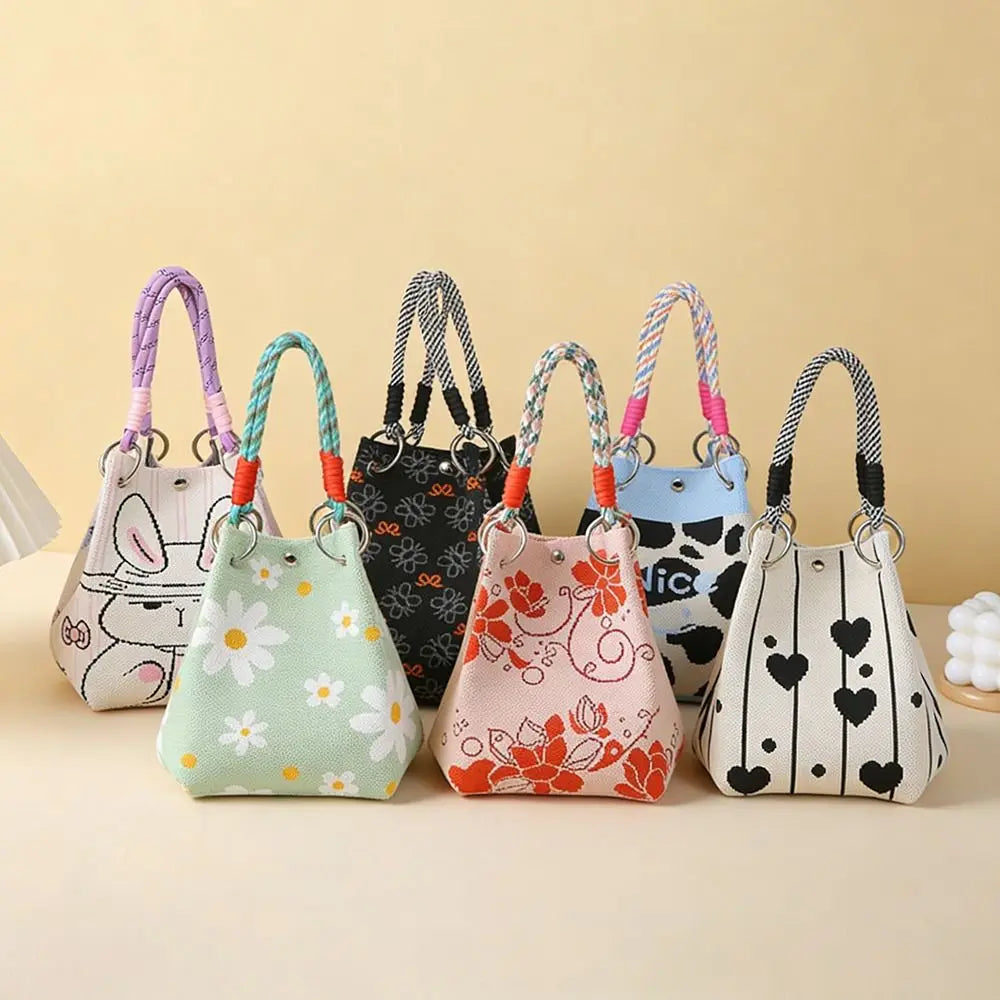 Cute Cartoon Knitted Bucket Bag Handmade Woven Ring Buckle Wrist Bag Large Capacity Tote Bag for Women Girls