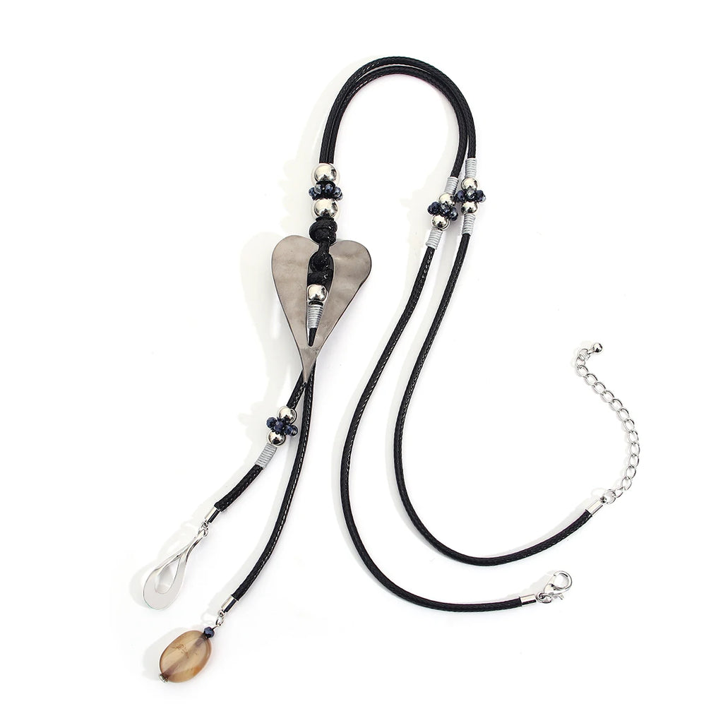 Amorcome Big Silver Color Heart Pendant Long Leather Necklace Boho Women Statement Ethnic Jewelry Lariat Necklace Mujer Collares