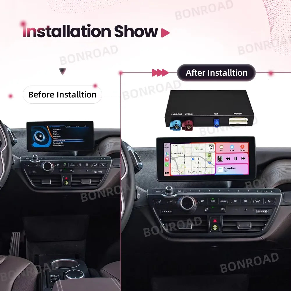 BONROAD Wireless CarPlay Android Auto Retrofit Interface Adapter Fit BMW i3 I01 NBT System Support Wireless AirPlay Mirror Link Bluetooth Handsfree Call Online GPS Navigation Decoder Box
