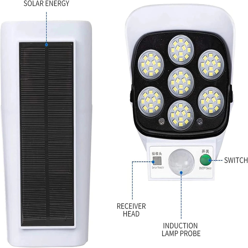 Outdoor Motion Sensor Solar Lights 2000 Lumen 77 LED With Remote Controller Fake Security Camera Monitoring Induction Wall Lamps