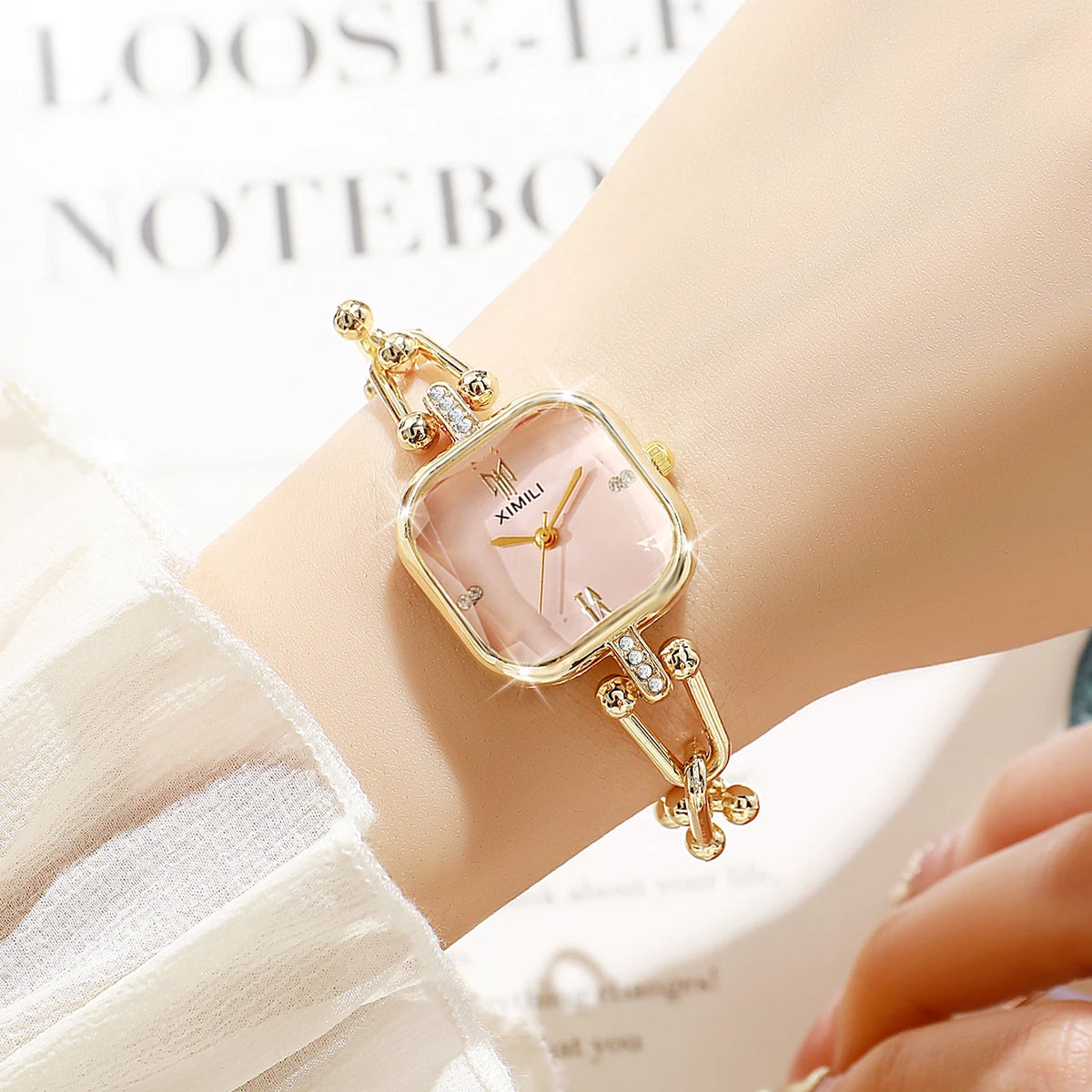 6pcs Elegant Square Women Quartz Watch Jewelry Set Fashion Ladies Wristwatches Rhinestone Necklace Ring Earring Accessories Gift