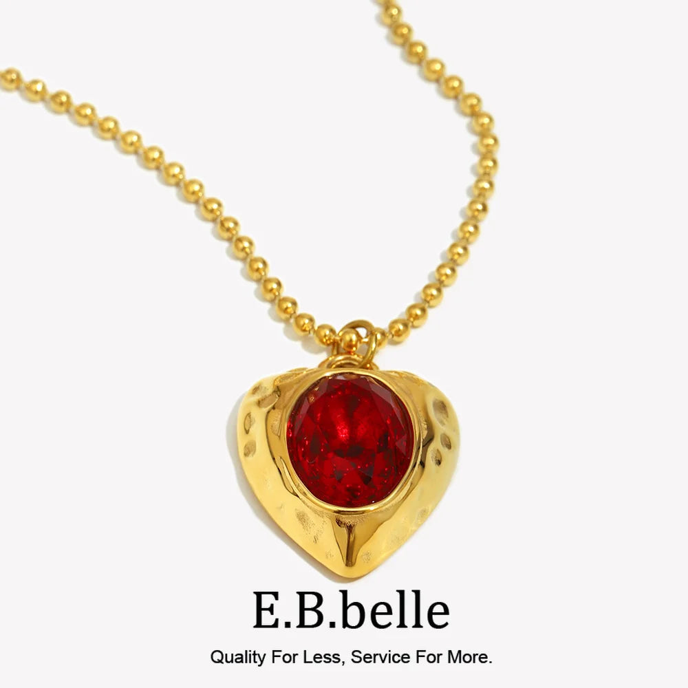 E.B.belle PVD Plated Beaded Chain Heart Shape Red Gemstone Pendant Necklace Stainless Steel Shiny Vintage Neck Jewelry