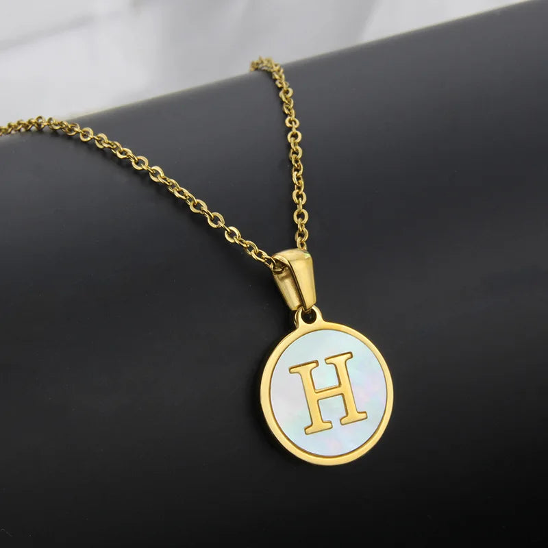 Initial Letter Necklaces for Women Trendy Stainless Steel Circle Couple Pendant Inlaid Shell Jewelry