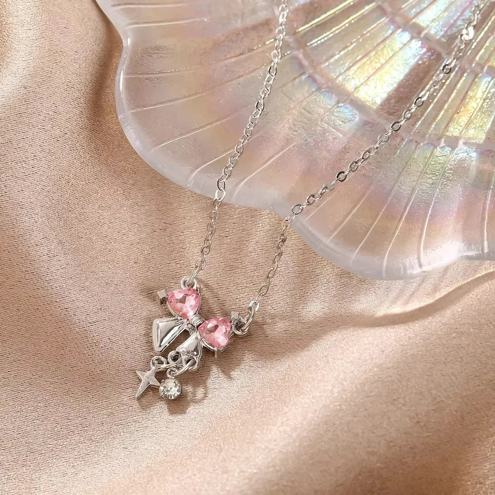 Sweet Pink Bow Necklace Ladies Fashion Sparkling Rhinestone Star Shape Pendant Clavicle Chain Delicate Wedding Accesories C
