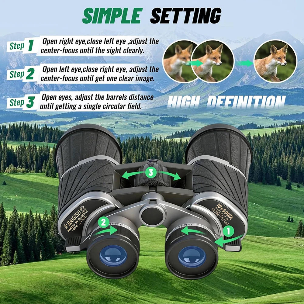 Baigish 10x50 High Powered Binoculars for Adults Compact Binoculars with Carrying Bag for Bird Watching Hunting Camping Travel