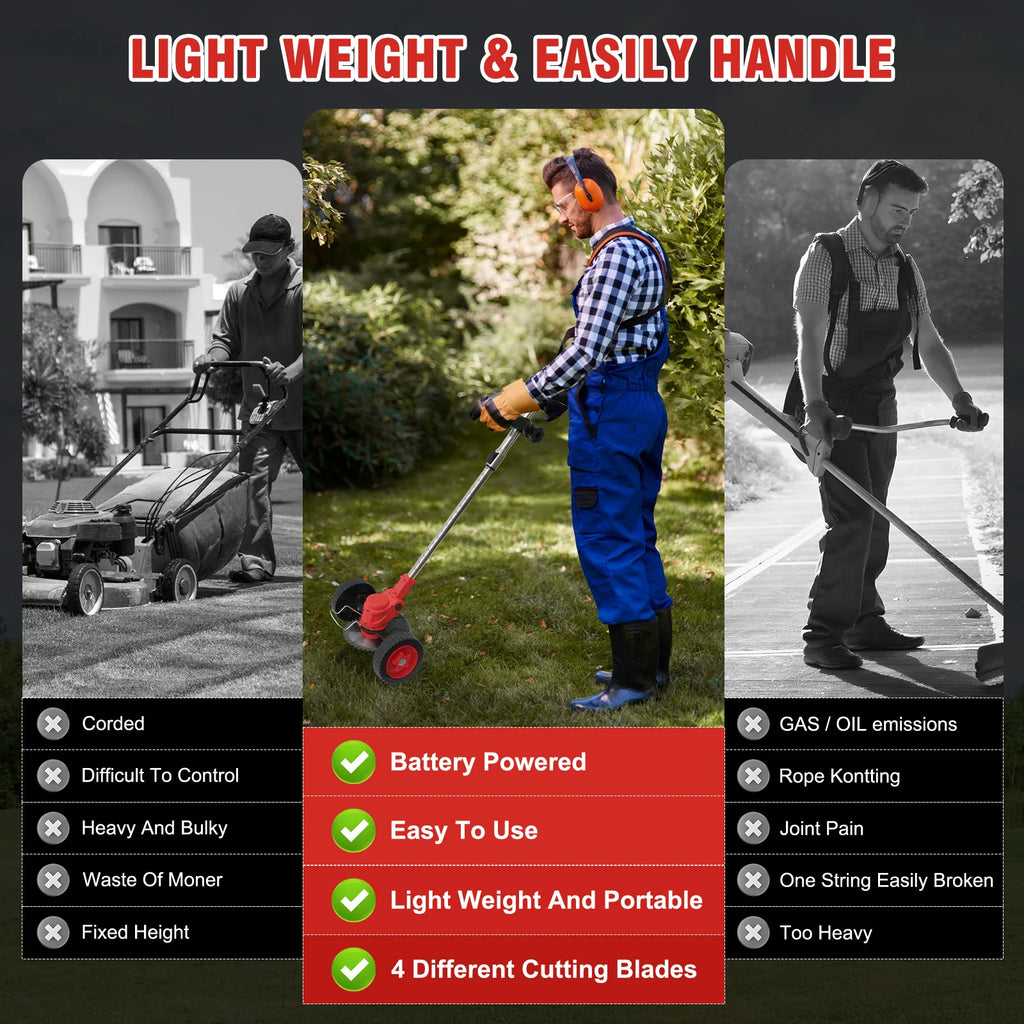 21V Electric Lawn Mower Cordless Grass Trimmer Garden Strimmers 3-in-1 Fodable 2x2.0Ah Batteries Power Tool for Lawn Garden Yard