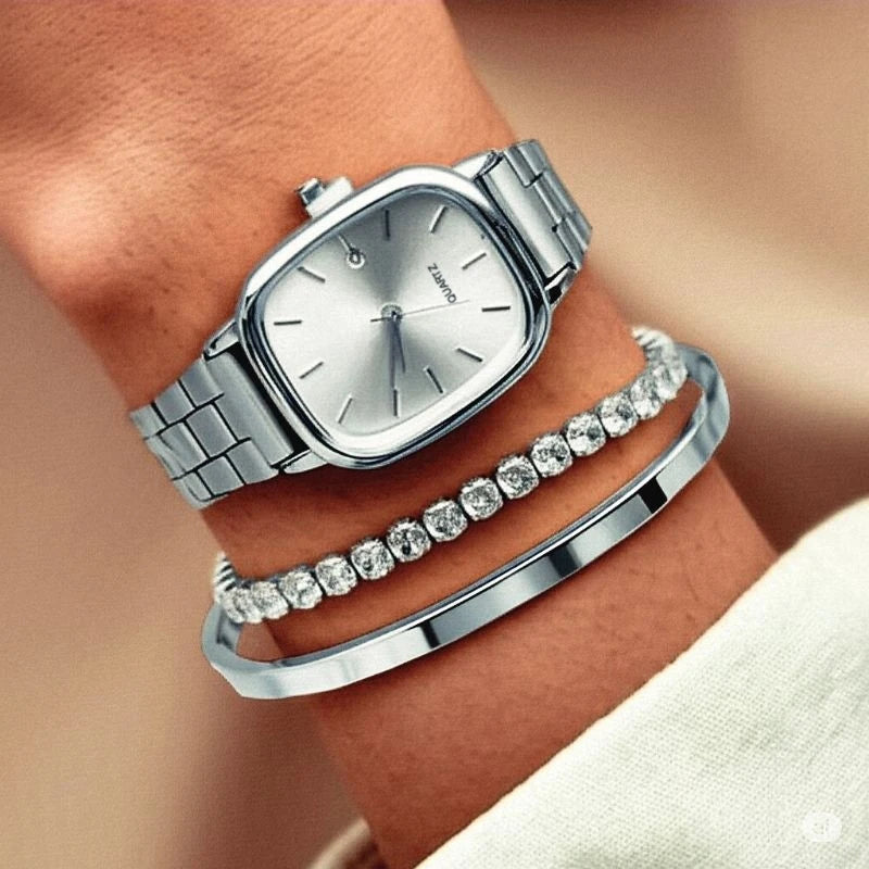 3PCS/Set Elegant Square Dial Women Watches Simple Calendar Quartz Wristwatches Bracelets Set Reloj Mujer (Without Box)