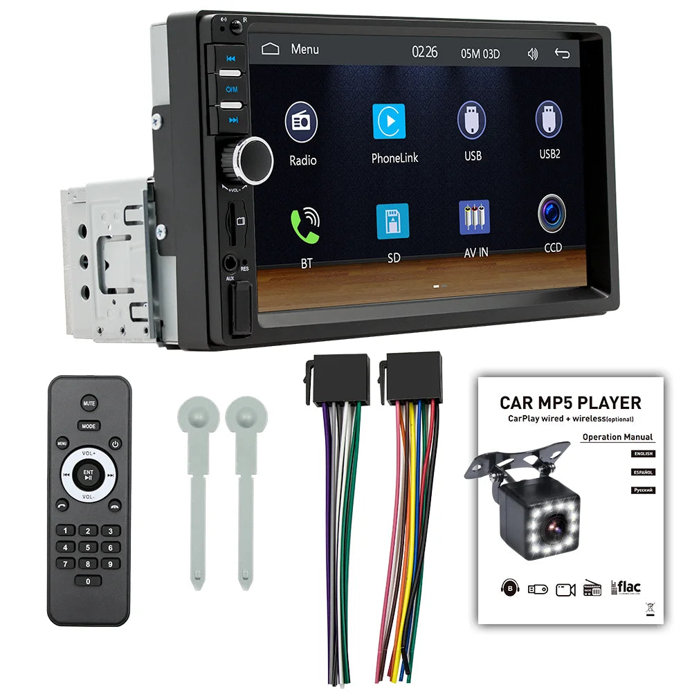 BQCC 7" 2Din/1 Din MP5 Car Player Mirrorlink wired Android AUTO/CarPlay BT AUX  Colorful lights FM Car Radio F7018C