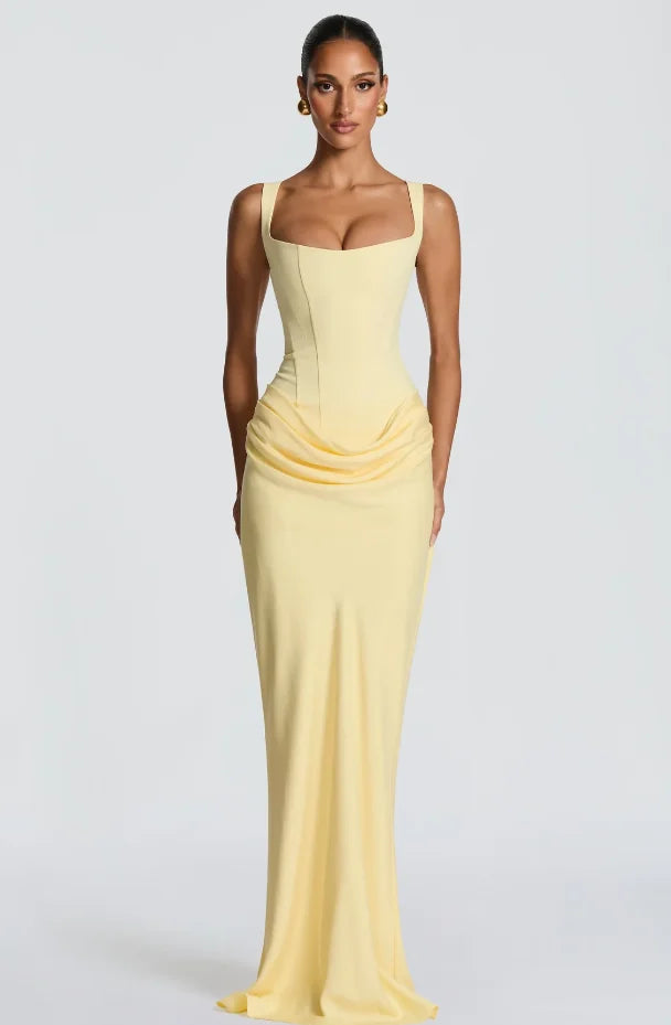 Solid Pleated Sling Dress Women Square Neck Sleeveless Backless Waist Cinching Bodycon Dresses Lady Summer Evening Party Gowns