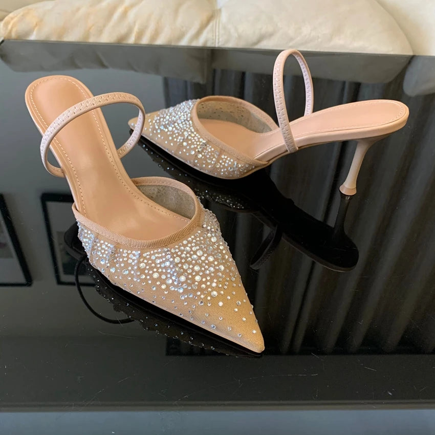 2025 Women High Heels Sandals Summer Fashion Mesh Rhinestone Slingback Woman Pumps Elegant Woman Sandals Party Lady Shoes