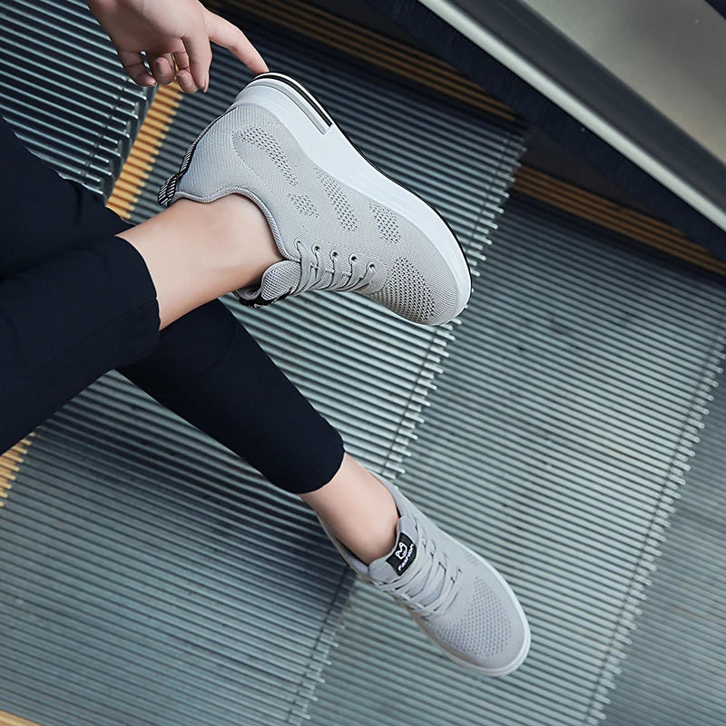 Interior Height Increasing Women Shoes Korean Style White Casual Thick Soled Mesh Flat Shoes Spring Autumn Walking High Heels