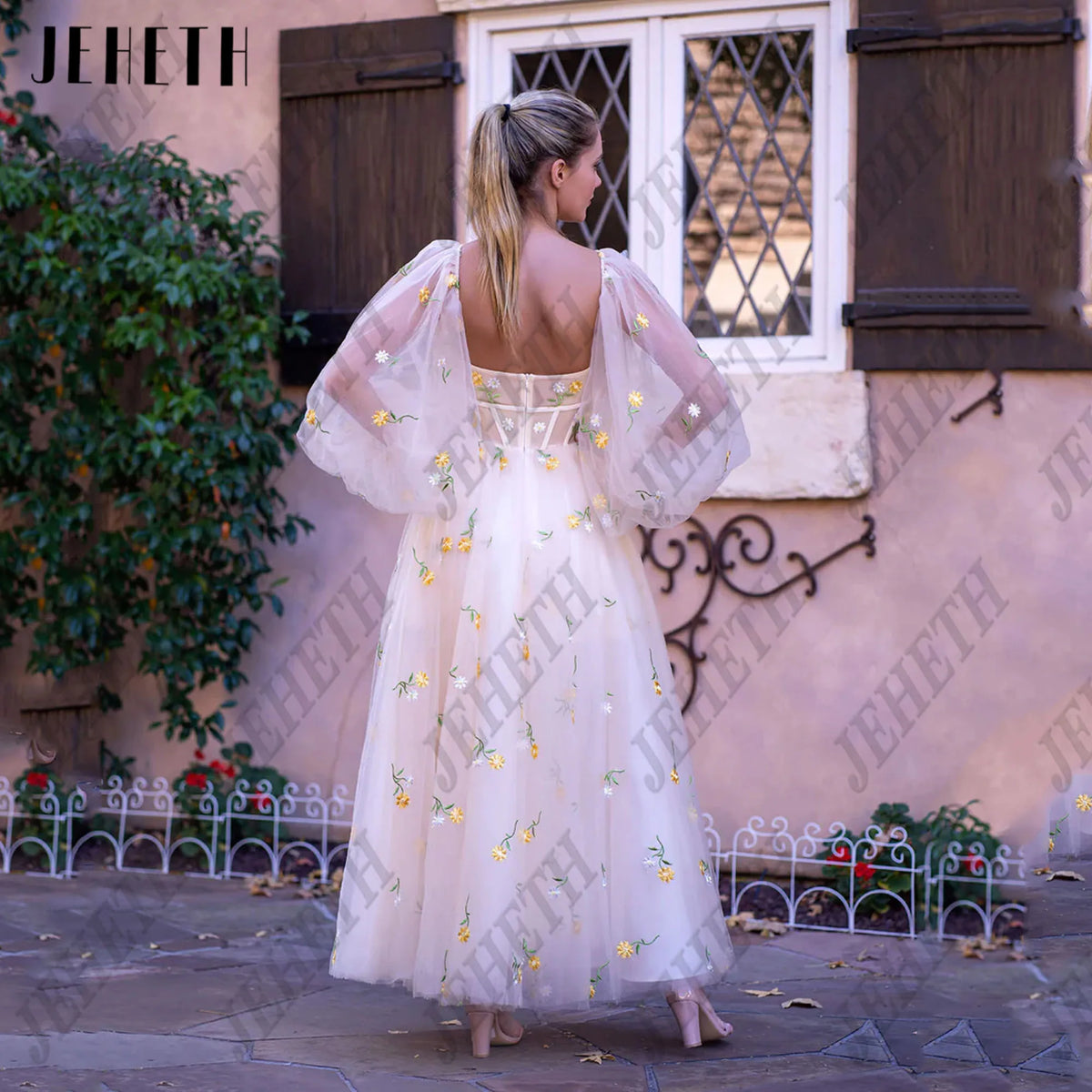 JEHETH Fairy Floral Print Prom Dress Sweetheart Long Puff Sleeves Embroidery Lace A-Line Champagne Evening Gowns Ankle Length