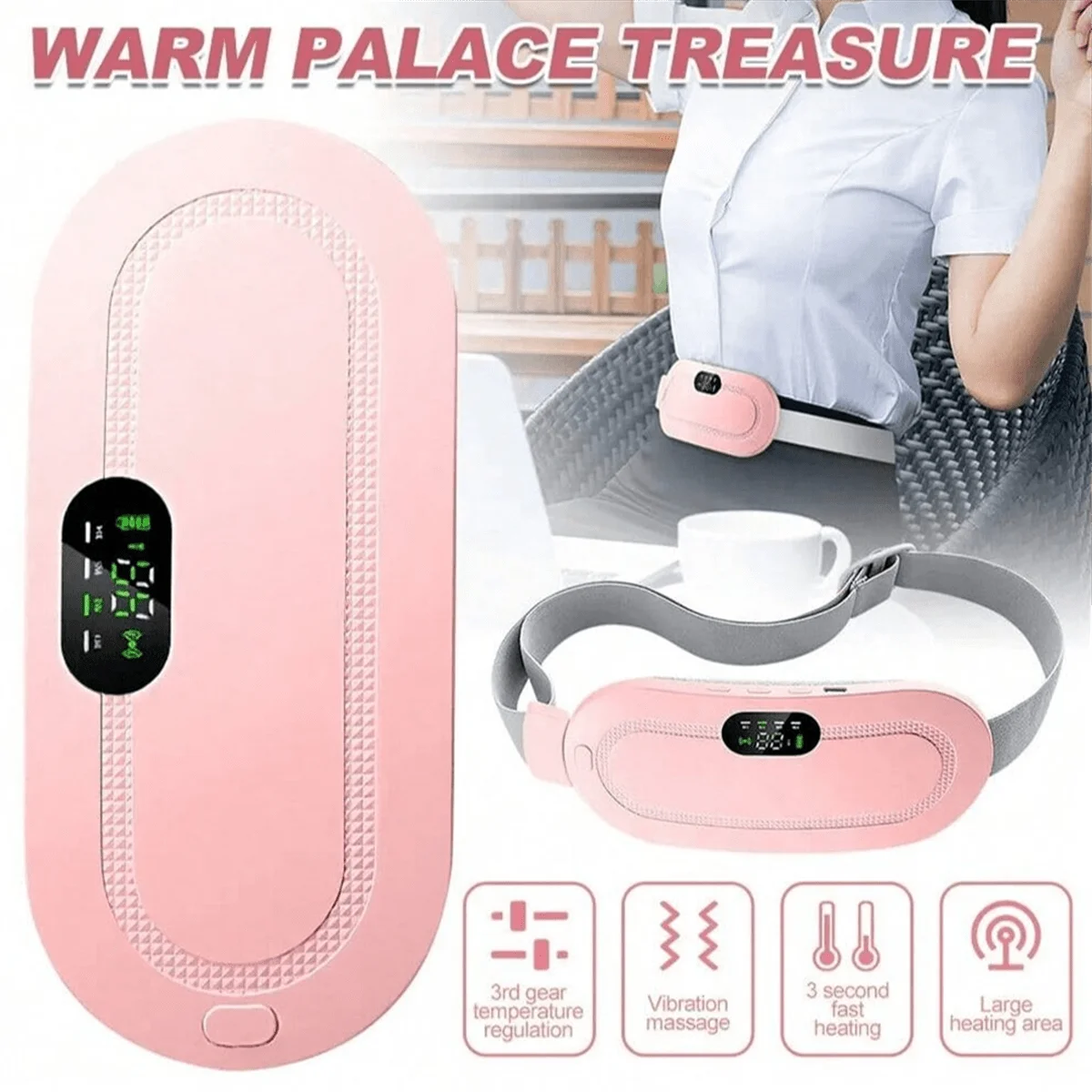 Electric Period Cramp Massager Vibrating Heating Belt for Menstrual Waist Stomach Abdominal Warm Palace Belt