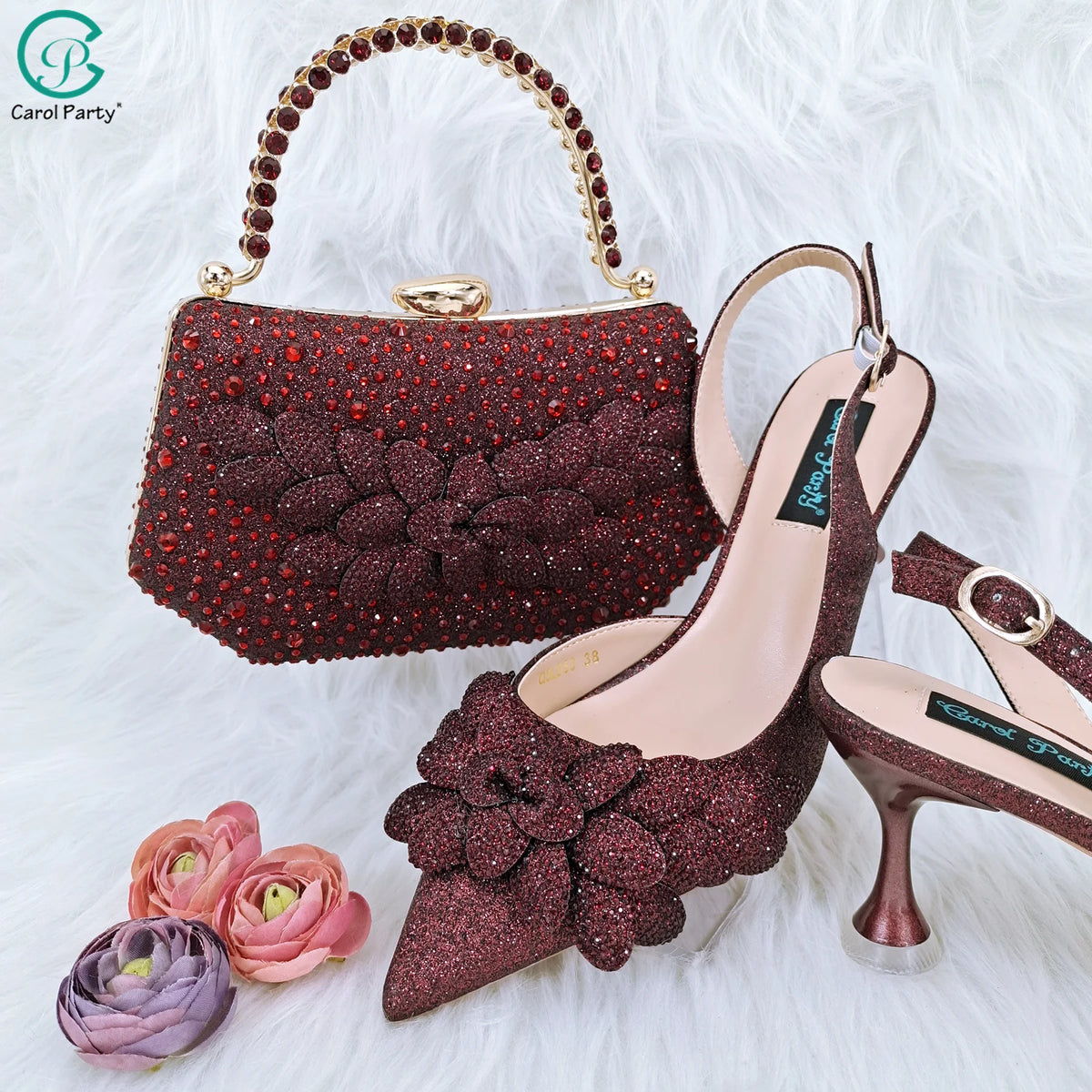 New Sky Blue Satin Handmade Flowers Shoes And Bag African Women's Banquet Pointed Toe Heels Matching Shoes And Bag Wedding Party