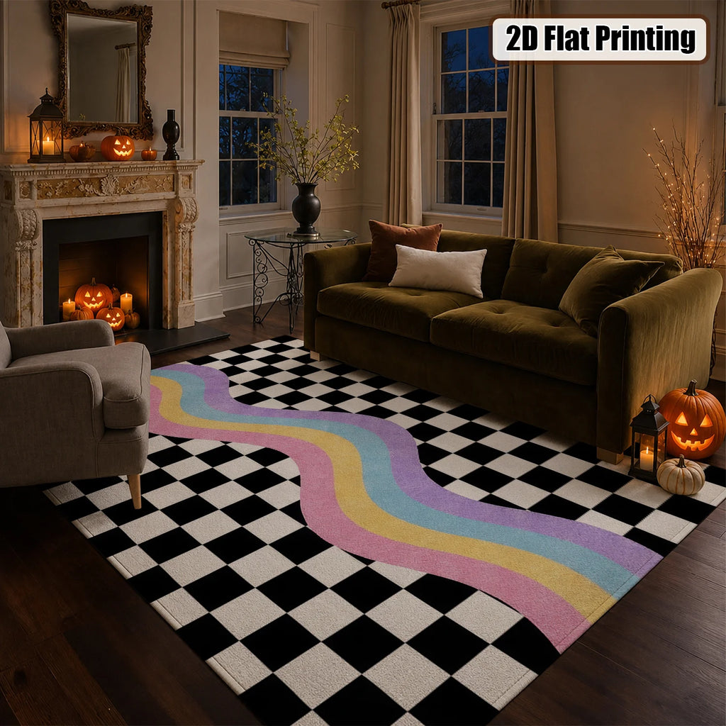 Large Indoor Area Rug, Soft Velvet Low Pile Checkered Retro Rainbow Wave Rug, Non-slip Dotted Backing, Machine Washable for Living Room, Bedroom