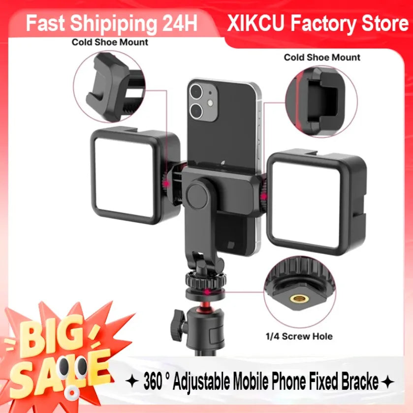 XIKCU 360 ° Adjustable Double Head Cold Boots Hot Boots Mobile Phone Clip SLR Mirrorless Camera and Mobile Phone Fixed Bracke