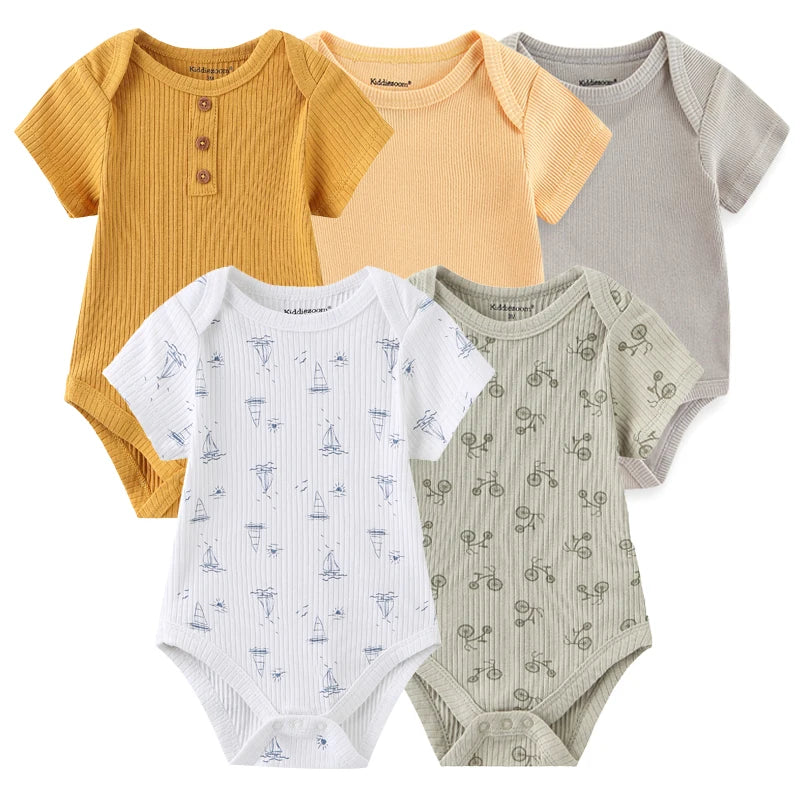 Newborn Bodysuits Unisex 5Pieces Baby Girl Clothes Solid Color Cotton Baby Boy Clothes Set Cartoon Print Summer Bebes