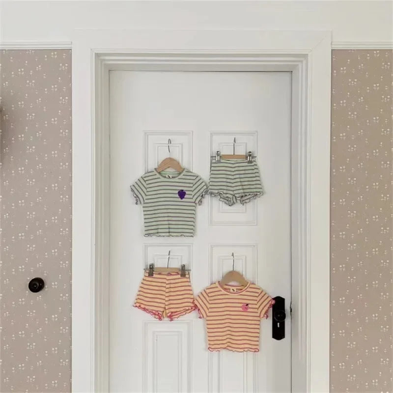 Summer New Baby Striped Short Sleeve Clothing Set Girl Ear Edge Tops + Short 2 Pieces Suit Kids Grape Pattern Clothes Items