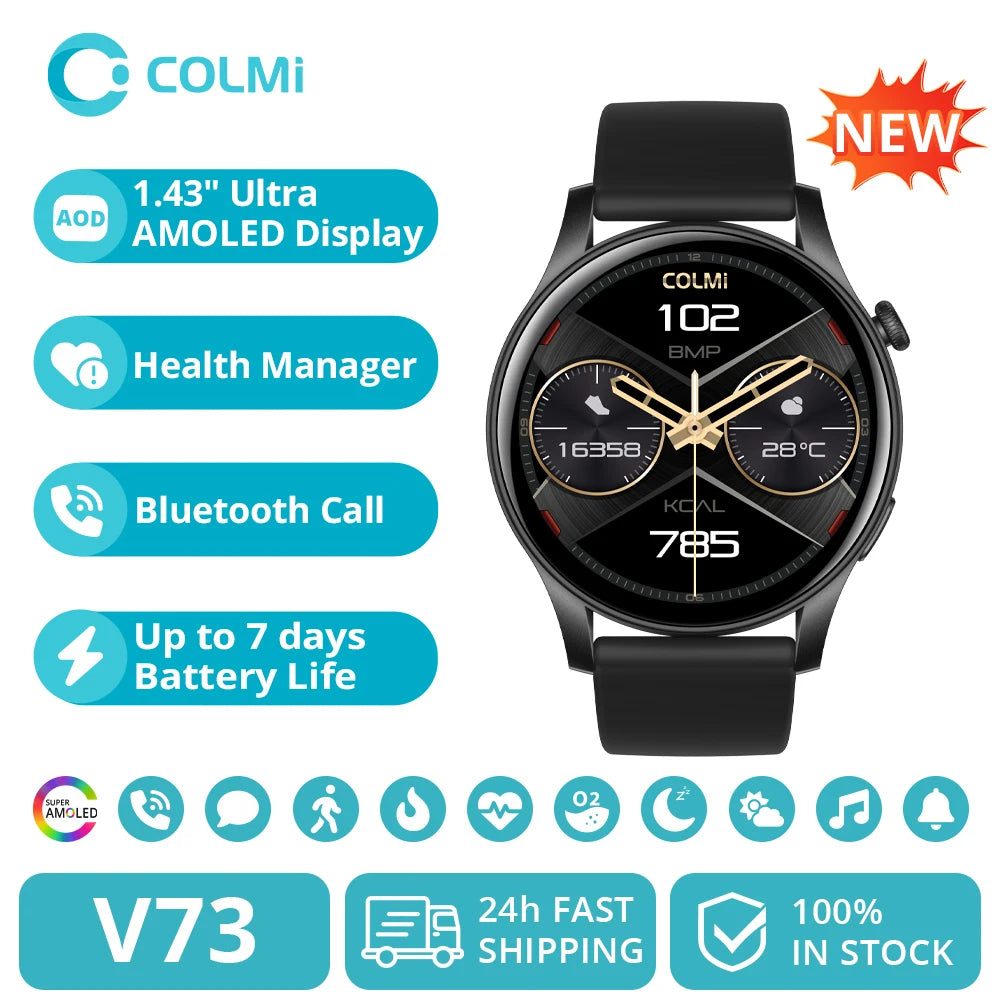 [2024 New] COLMI V73 Smartwatch AMOLED Display Bluetooth Calls Health Fitness Tracking Smart Watch for Men Women