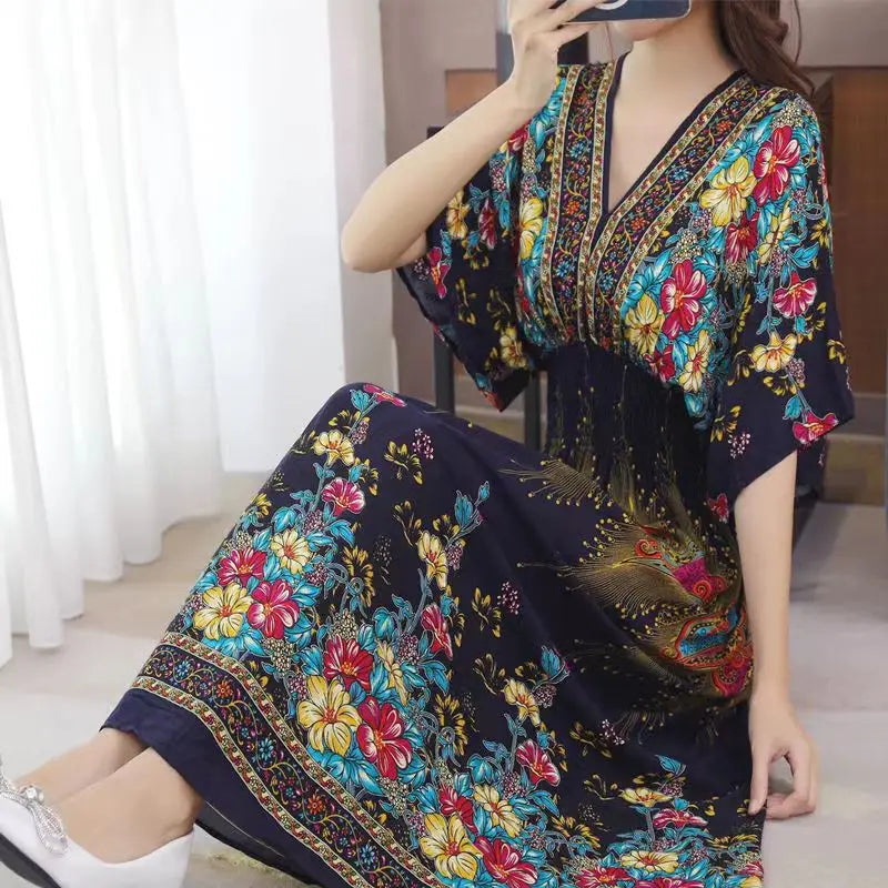 2025 Summer New Casual Elegant Retro Bohemian Style V-neck Elastic Waist Large Swing Printed Long Skirt Autumn Summer Dress