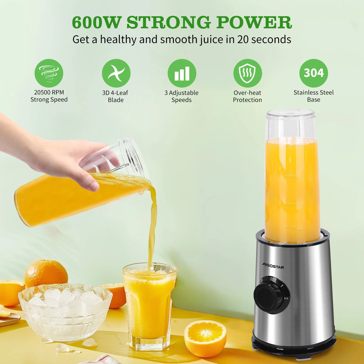 Blender, 600W, 4 Stainless Steel Blades, Includes 2 Portable 800ml Sports Bottles and 2 Lids, Black