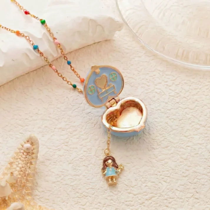Fairy Tale Gingerbread House Necklace Open and Close Pendant Necklace Women Girls Enamel House Girl Necklace Jewelry Accessory