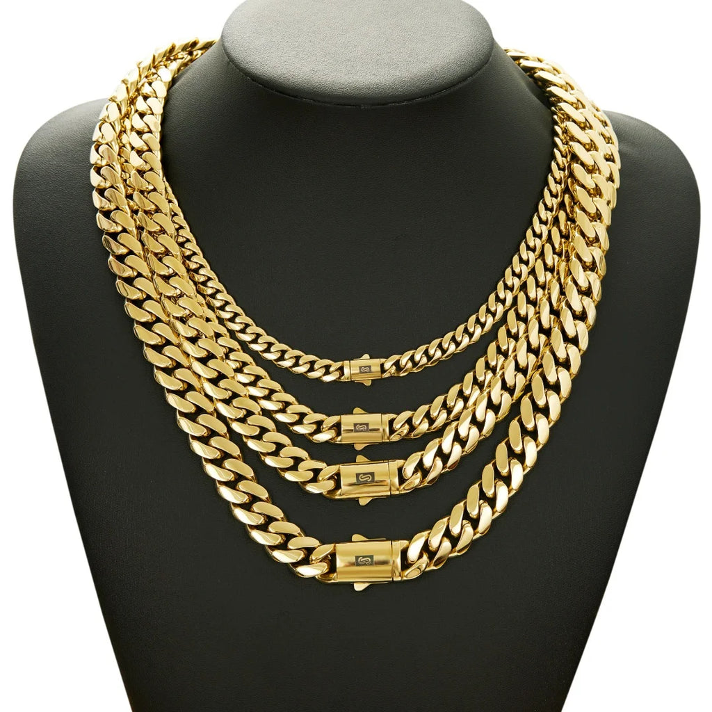 6-14mm wide Stainless Steel Cuban Miami Chains Necklaces  unisex Necklace Chain 316L 14K gold-plated Hip Hop Bracelet Gold Color