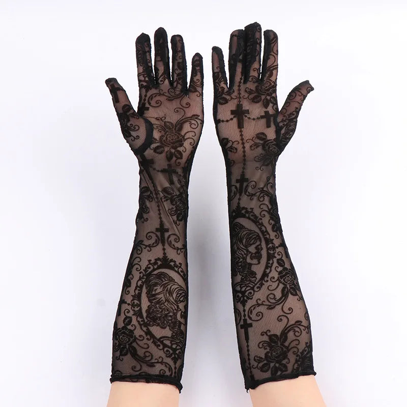 Halloween Women Black Sexy Skeleton Cross Flowers Lace Long Gloves Elasticity Transparent Mesh Lolita Punk Cosplay Short Gloves