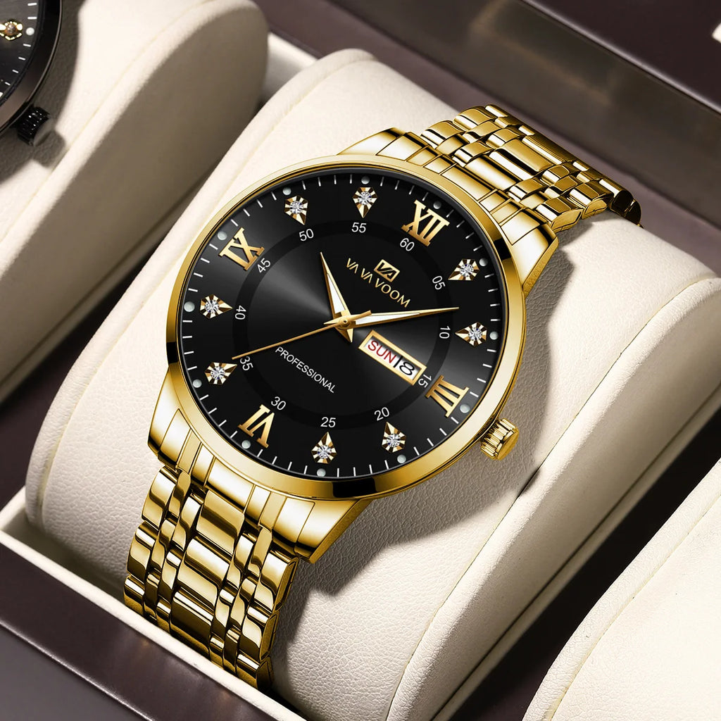 VA VA VOOM Top Brand Luxury Men Watch Week Quartz Movement Business Clock Black Stainless Steel 3Bar Waterproof Couple Men Watch