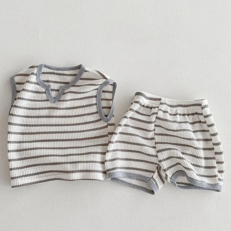 Children's Clothing 0-3 Year Old Summer New Striped Pure Cotton Boy T-Shirt Shorts Set Beach Vacation Girl Short Sleeved Set